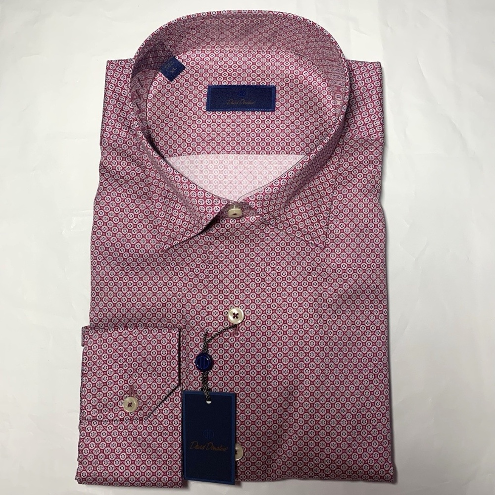 NWT David Donahue Mens XL Pima Cotton Berry Geometric Print Shirt Long Sleeve